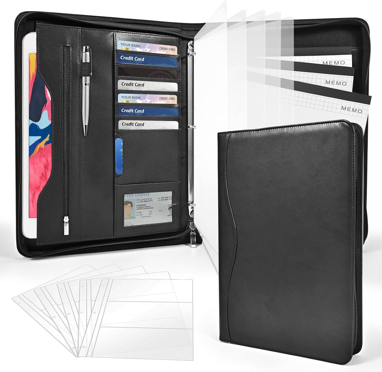 Padfolio Portfolio Folder Binder-Organizer Planner Notebook Zippered Portfolio Padfolio for Women & Men with Document Sleeve,Letter/A4 Size Clipboard,Business Card Holders (Brown Leaf)