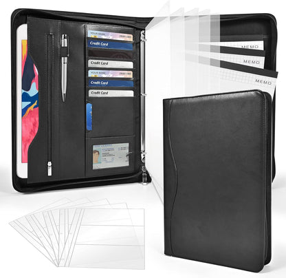 Padfolio Portfolio Folder Binder-Organizer Planner Notebook Zippered Portfolio Padfolio for Women & Men with Document Sleeve,Letter/A4 Size Clipboard,Business Card Holders (Brown Leaf)