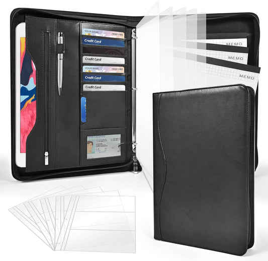 Padfolio Portfolio Folder Binder-Organizer Planner Notebook Zippered Portfolio Padfolio for Women & Men with Document Sleeve,Letter/A4 Size Clipboard,Business Card Holders (Brown Leaf)