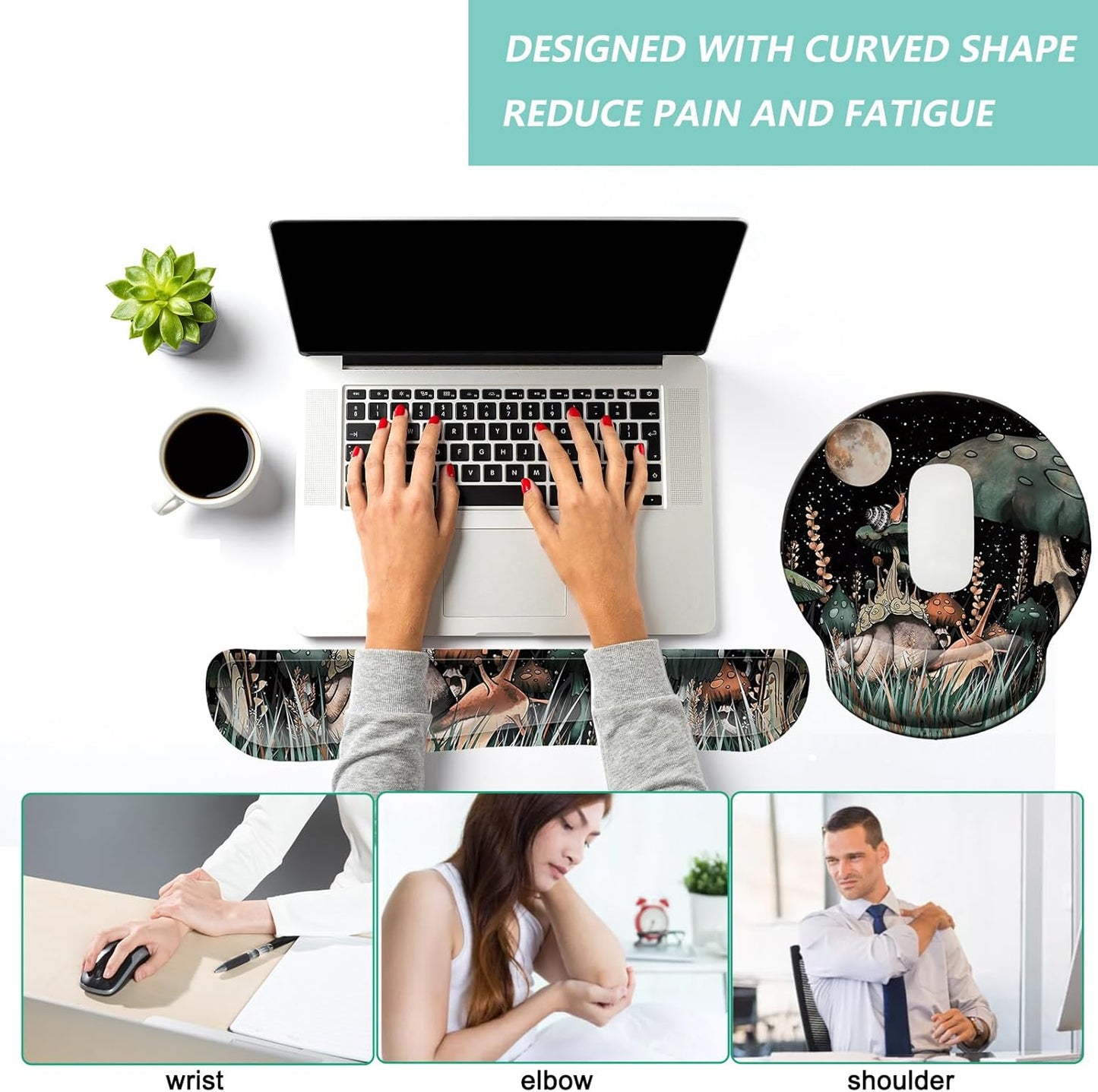 Keyboard Wrist Rest Pad Mouse Pad with Wrist Support Set of 3, Mousepad with Non-Slip Rubber Base, Ergonomic Memory Foam Mouse Wrist Cushion Support for Home Office Laptop Computer Gaming, Forest