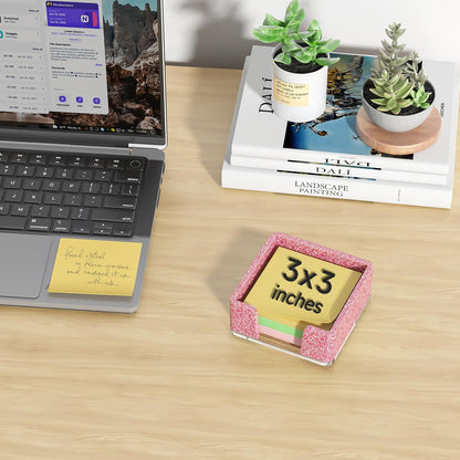 Sticky Note Holder, Glitter Pink Acrylic Notepad Holder 3x3 in Self-Stick Note Dispenser Office Desk Accessories, Memo Pad Holder Organizer for Classroom School Supplies