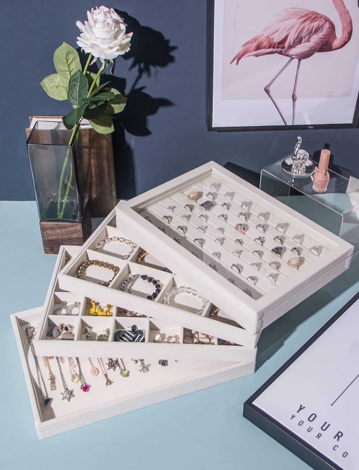 Coward Sunglass Organizer, Beige Velvet Glasses Trays - Eyeglasses Watches Jewelry Display - Men Women (8 Grids)