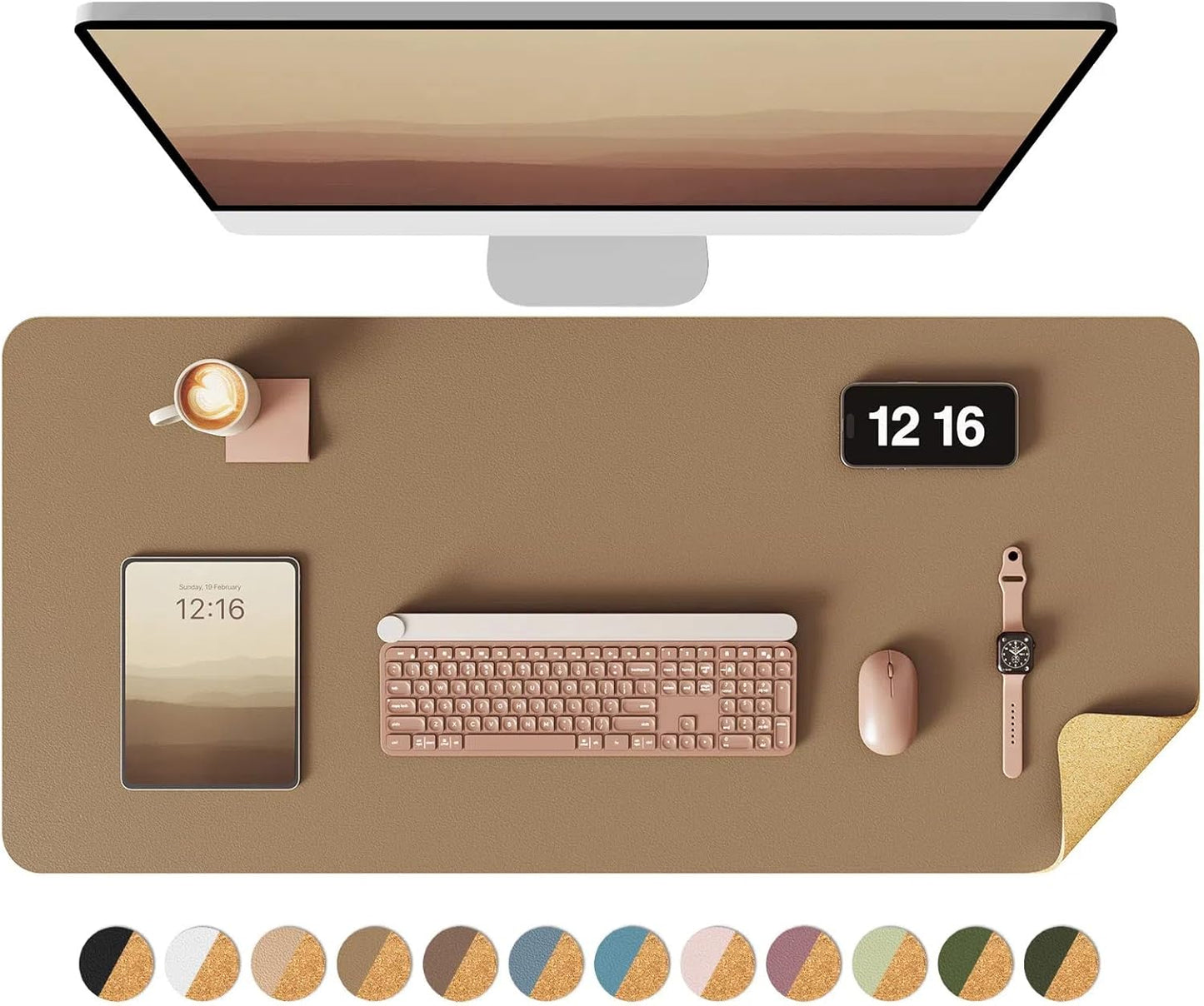 YSAGi Double-Sided Desk Pad, 31.5"x15.7"Leather Desk Mat, Eco Cork Desk Pad Protector,Large Mouse Pad,Waterproof Desk Blotter for Office/Home(Coffee)