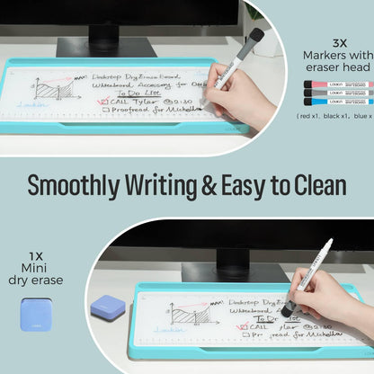 LOUKIN Glass Desktop Whiteboard, 15.3" x 5.6" Dry Erase Desk Board with Dotted and Graduated Surface, Desktop Buddy, Great for Design and Drawing, 3 Markers and 1 Dry Erase Eraser Included (Purple)