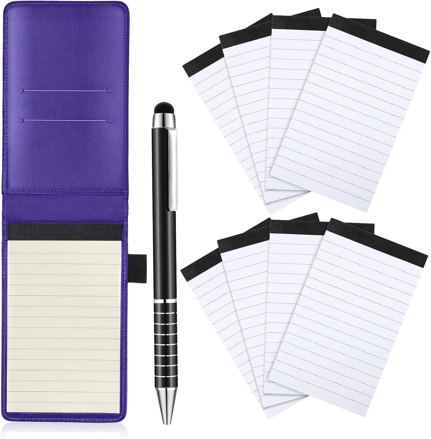 Outus 10 Pcs Mini Pocket Notepad Holder Set Included Small Leather Pocket Notebook Holder with 50 Lined Sheets, Metal Pen, 8 Pcs 3 x 5 Inch Memo Book Refills, 30 Lined Paper Per Note Pad (Black)