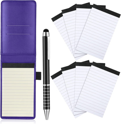Outus 10 Pcs Mini Pocket Notepad Holder Set Included Small Leather Pocket Notebook Holder with 50 Lined Sheets, Metal Pen, 8 Pcs 3 x 5 Inch Memo Book Refills, 30 Lined Paper Per Note Pad (Black)