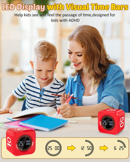 Digital Pomodoro Timer Cube 5/10/25/50min, Visual Productivity Flip Timer for Kids Classroom Desk, Custom Countdown, Silent and Sound Mode for ADHD Study Work Game Kitchen (Pink)