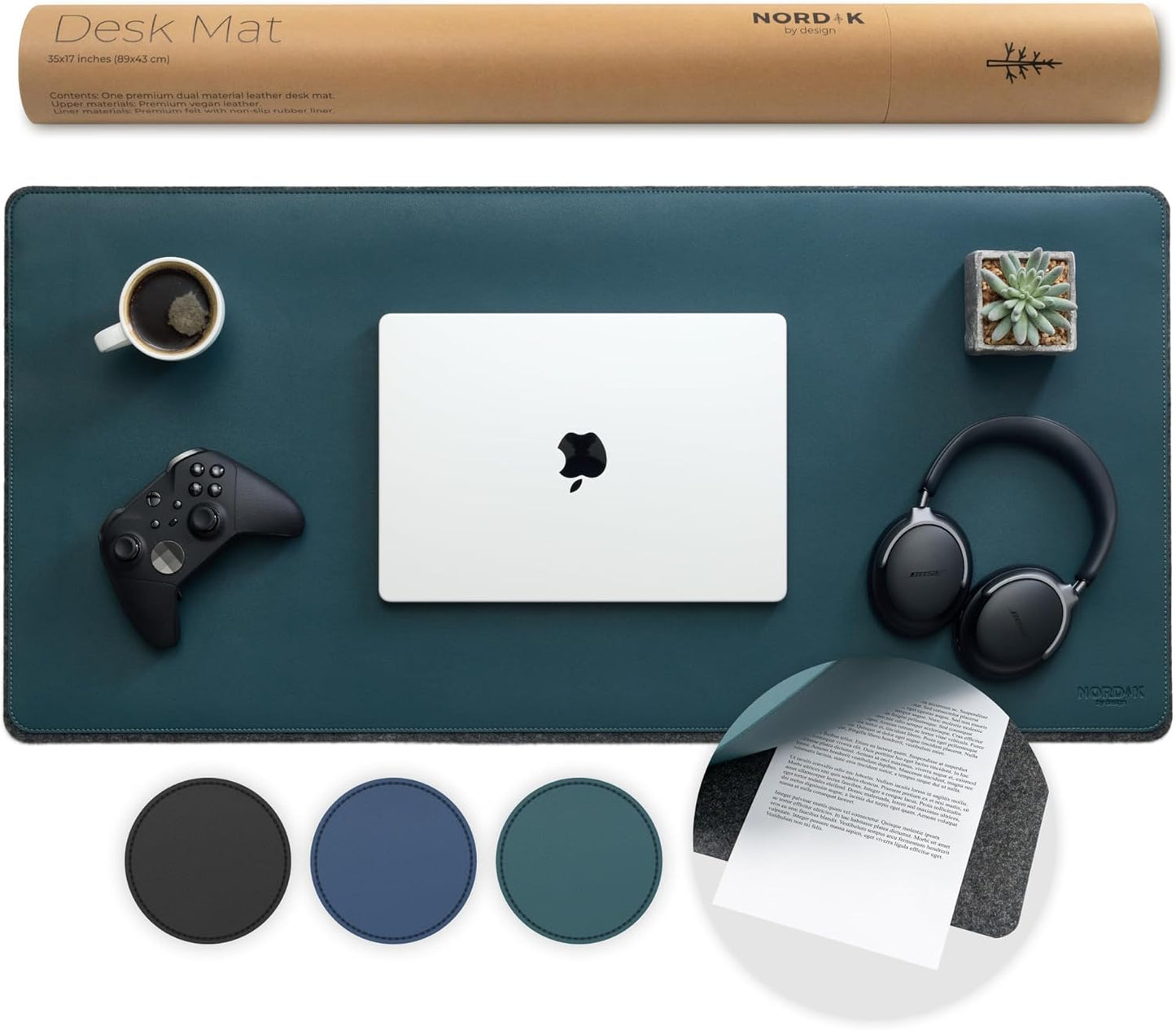 Nordik Felt and Leather Desk Mat - Willow Haze Sage - 35x17 Inch Felt and Vegan Leather Desk Blotter with Document Hideaway - Large Computer Mats for Desktop - Ideal Keyboard Mat for Office and Home