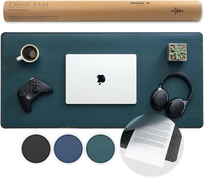 Nordik Felt and Leather Desk Mat - Willow Haze Sage - 35x17 Inch Felt and Vegan Leather Desk Blotter with Document Hideaway - Large Computer Mats for Desktop - Ideal Keyboard Mat for Office and Home