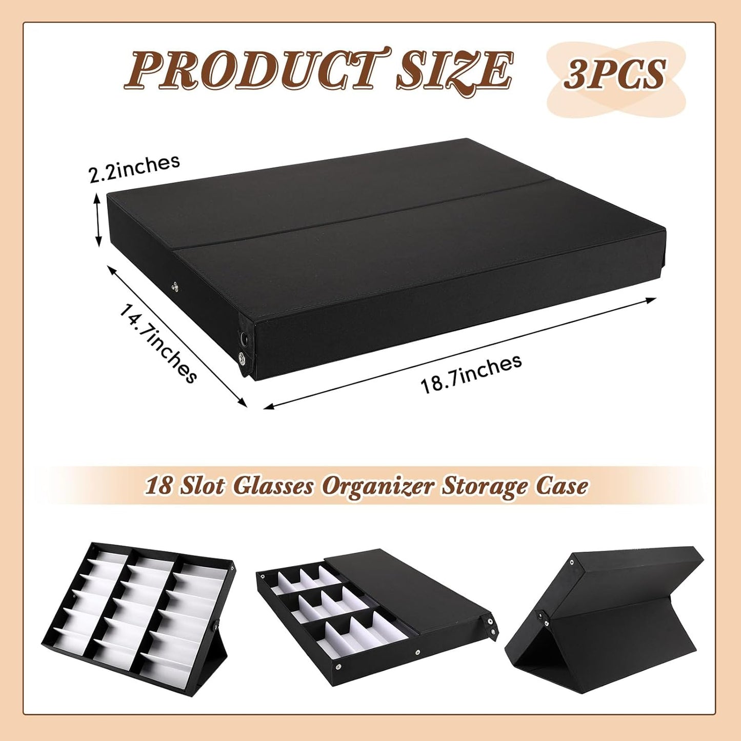 Soaoo 3 Pcs 18 Slot Sunglasses Organizer Storage Holder Eyeglasses Display Case Tray with Stand Fabric Lined Jewelry Storage Box