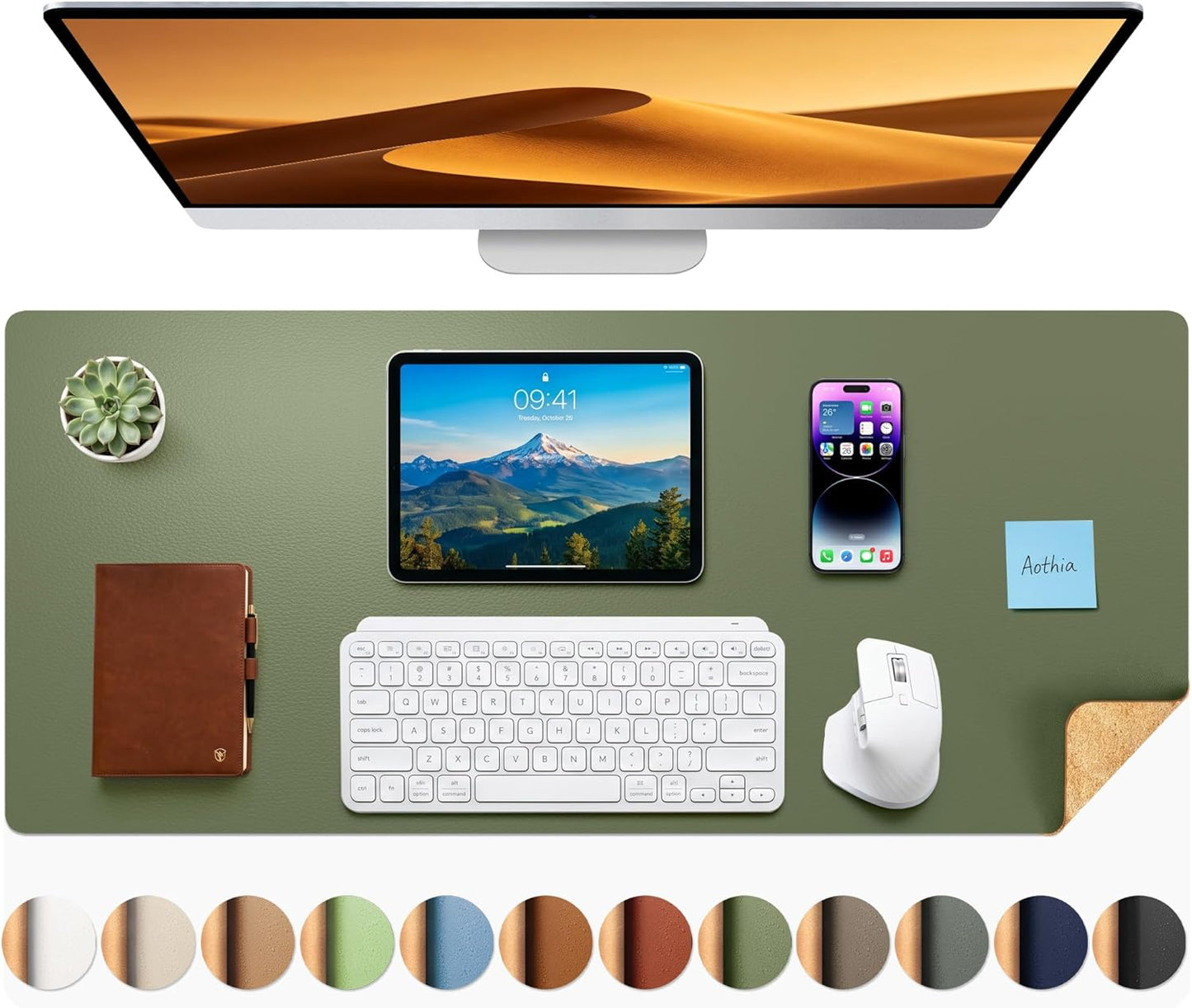 Aothia Dual-Sided Desk Pad - 25.6x13.7 inches Leather Desk Mat, Natural Cork Desk Pad Protector, Large Mouse Pad for Desk, Waterproof Desk Blotter Pad, Desk Writing Pad for Office Work/Home, Black