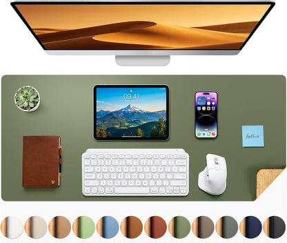 Aothia Dual-Sided Desk Pad - 25.6x13.7 inches Leather Desk Mat, Natural Cork Desk Pad Protector, Large Mouse Pad for Desk, Waterproof Desk Blotter Pad, Desk Writing Pad for Office Work/Home, Black