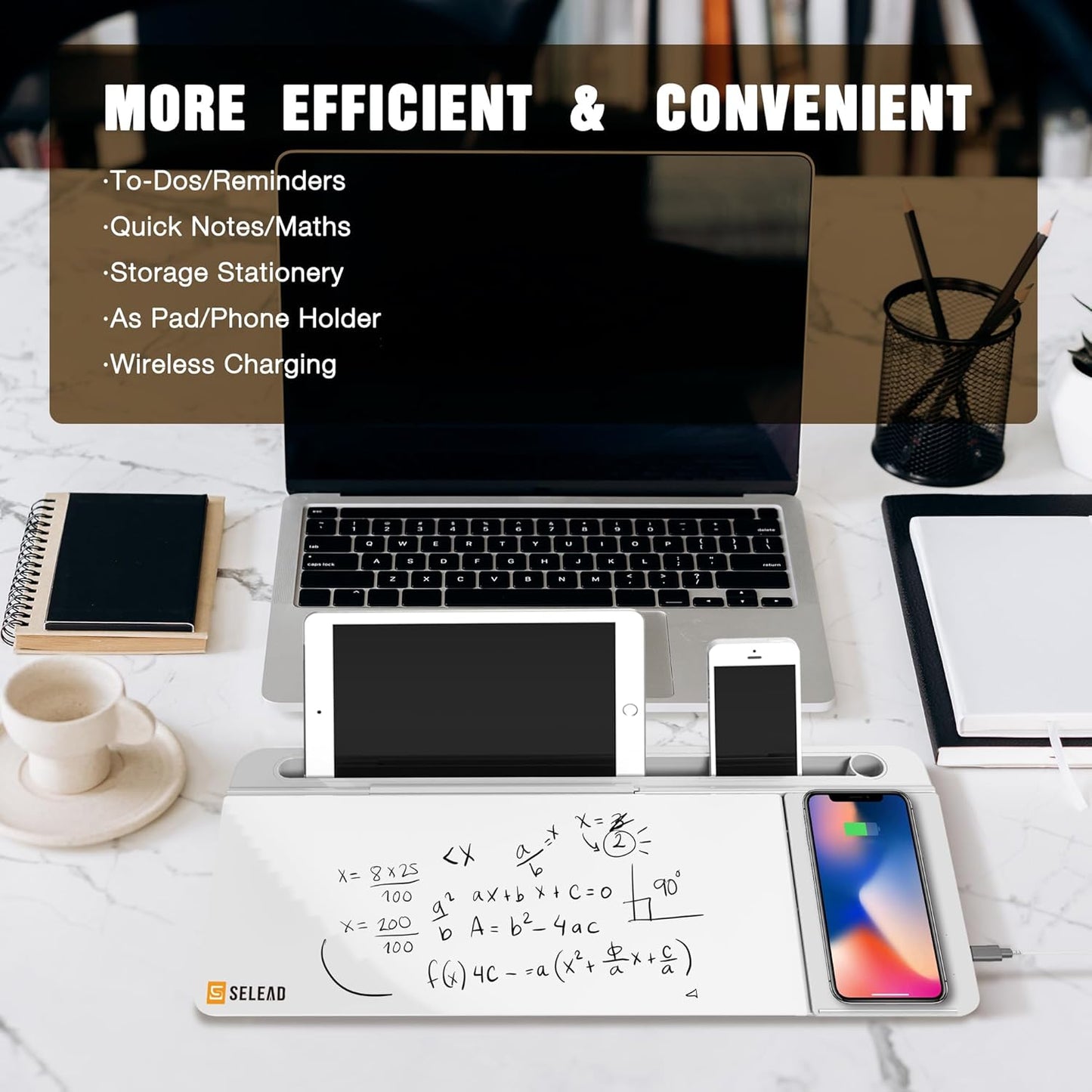 SELEAD Desktop Glass Whiteboard with Wireless Charger Station, Dry Erase Board Computer Pad Keyboard Stand with Organizer for Home, School, Office Desk Accessories, Black