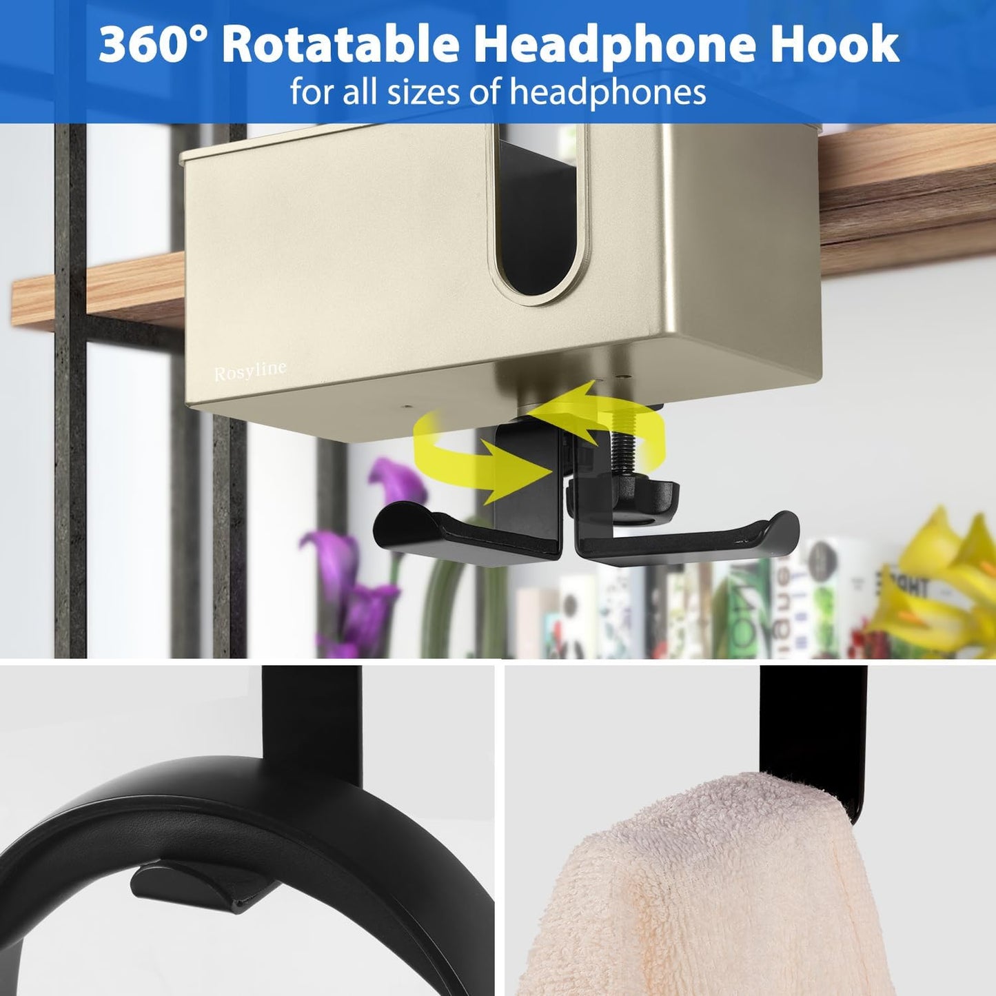 Rosyline 3-in-1 Desk Cup Holder & Clip-on Cup Holder, Clip on Desk Organizer – with Anti-Spill Function, Keeps Your Coffee, Headset, Phone & Pens Within Easy Reach, for Office Desk (Black)