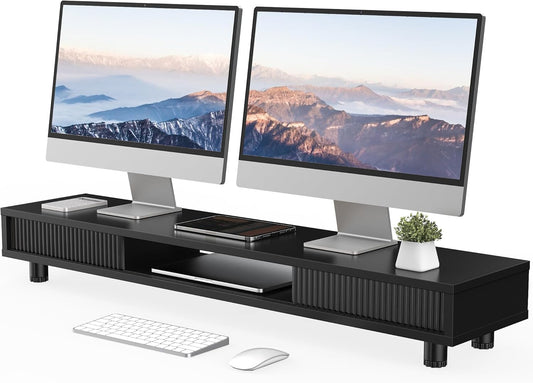 Fenge Dual Monitor Stand, 42.5inch Long Monitor Stands Riser for 2 Monitors, Glass Sliding Door with Storage Organizer Stand for Desk, 2 Tier Desk Shelf for Laptop, Pc, Printer, Computer, TV