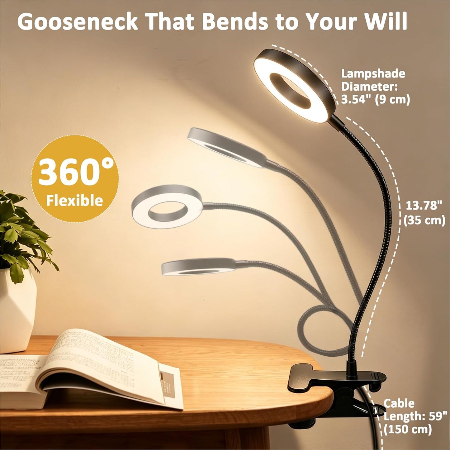 Akynite Desk Lamp Clip on Light, 48 LED USB Clamp Lamp with 5 Color Modes 10 Brightness Levels, 360° Flexible Gooseneck Eye Protection Reading Book Lights for Home Office Study, Adapter Included