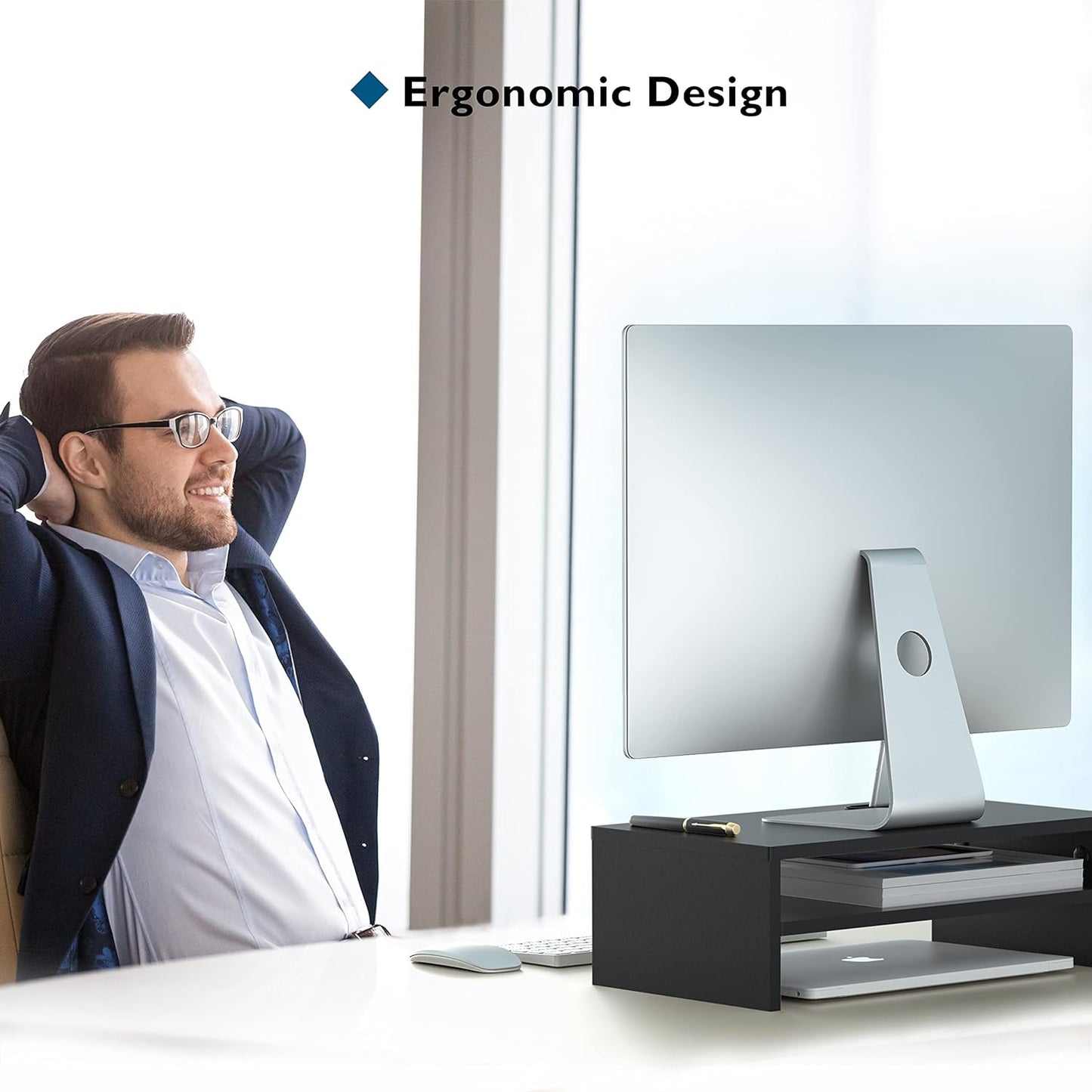 BONTEC Wooden Monitor Stand Riser for Desk, 2-Tier Computer Monitor Stand with Storage, 66 lbs Desk Shelf Organizer, Laptop & Printer Stand with Phone Holder and Cable Management, White, 16.5 Inch