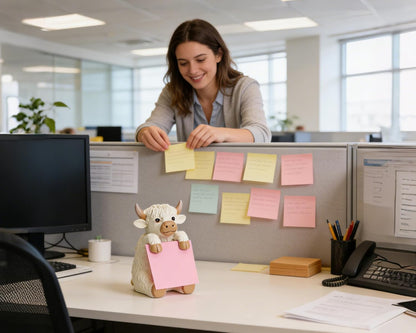 Highland Cow Pop-up Sticky Note Dispenser, Includes 1 Pad of 3x3 in Super Sticky Notes, 100 Sheets, Resin Cute Handmade Desk Holder for Office & Home-Beige