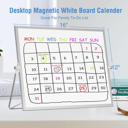 Magnetic Dry Erase White Board with Stand, 12'' x 16'' Desktop Weekly Schedule Board, 10 Markers, 4 Magnets, 1 Eraser, Double-Sided White Board Easel for Drawing School to Do List