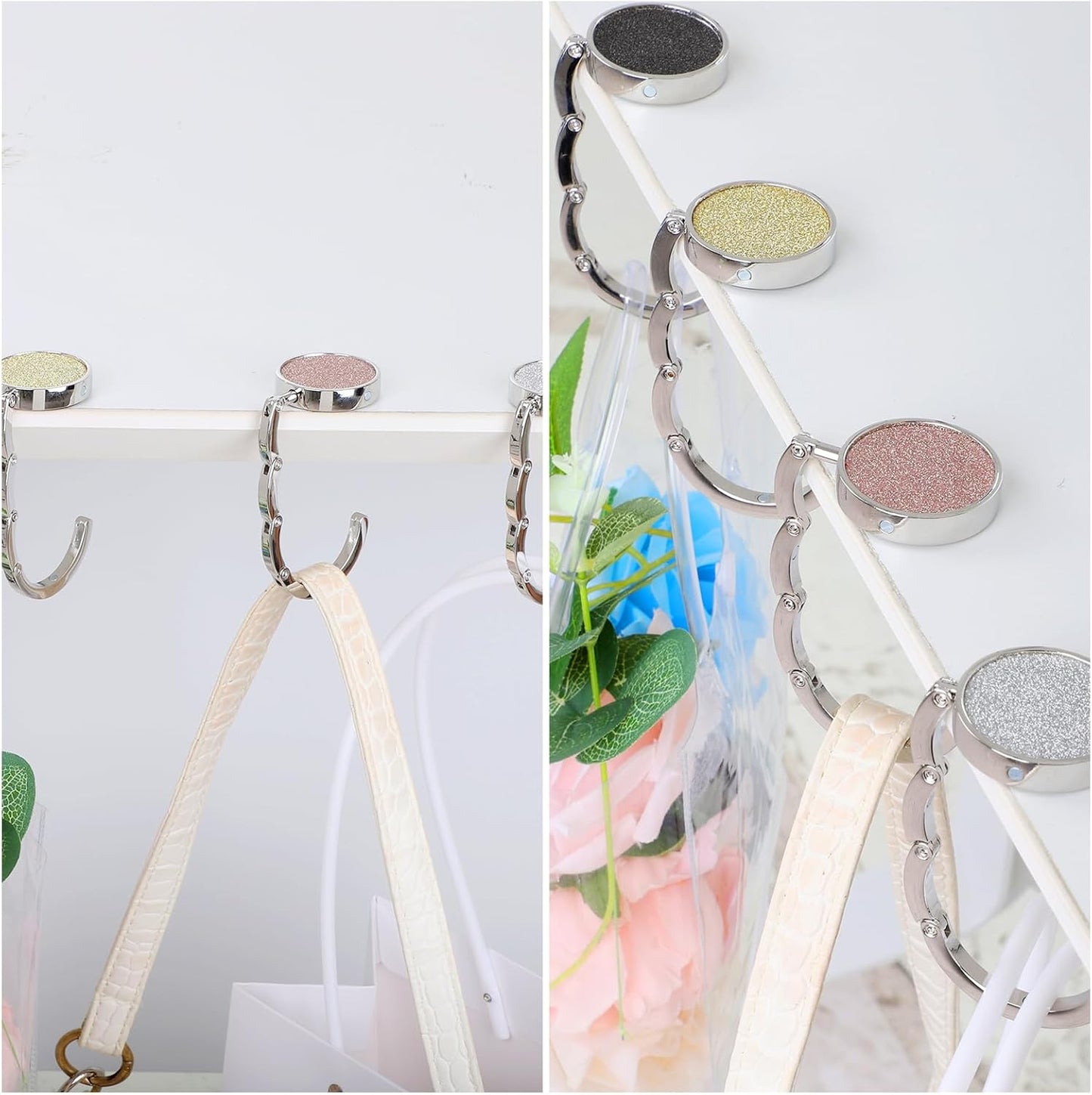 4 Pcs Foldable Purse Hook for Table Folding Women's Handbag Hangers Hooks for Desk Bling Rhinestone Table Bag Holder Portable Bag Holder for Women Bags (Black,White,Gold,Champagne)