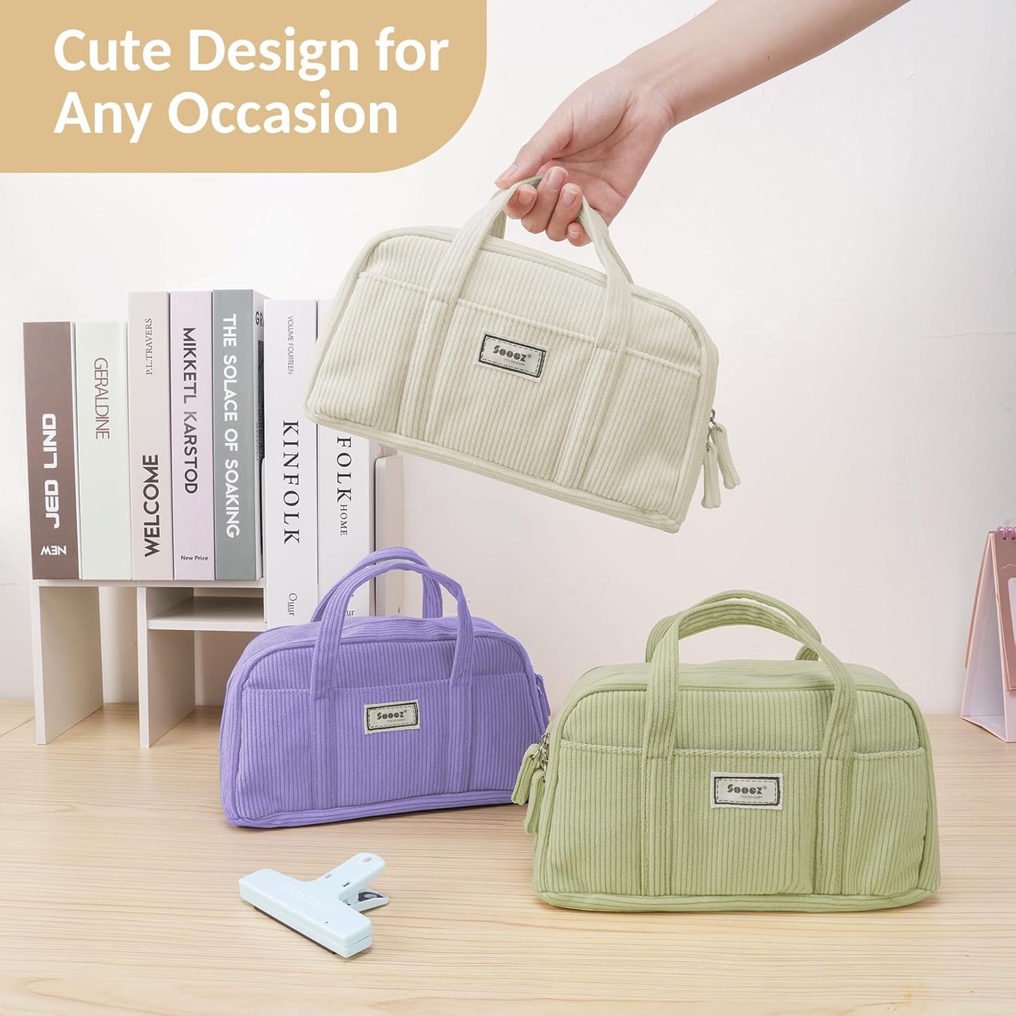 Sooez Large Pencil Case Pouch, Extra Big Pencil Bag with 5 Compartments, Pen Bag Wide Opening, Soft Corduroy Pencil Pouch Organizer with Zipper, Cute Aesthetic School Supplies for Teen Girls-Purple