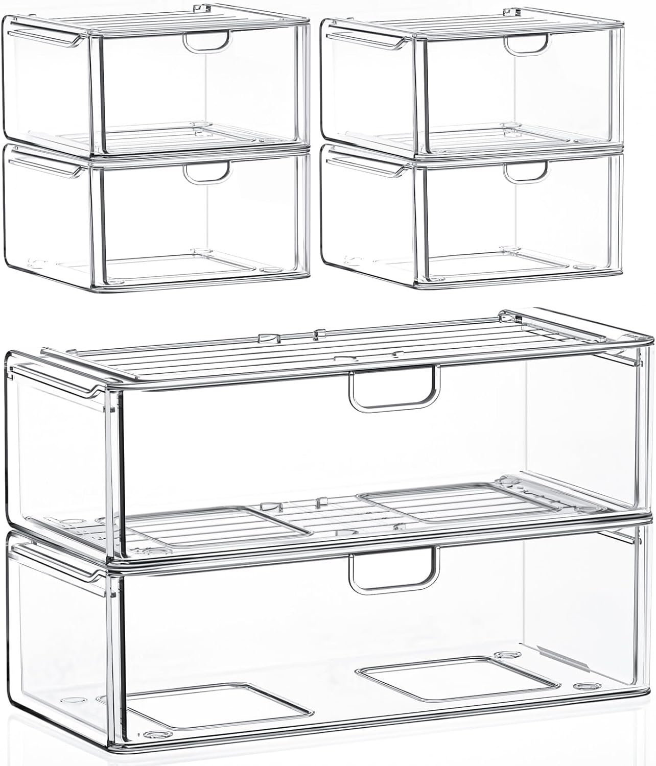 caktraie 6 Pack Small Clear Stackable Acrylic Storage Boxes for Art Tool & Sketch, Stroage Drawers, Makeup Organizer, Plastic Storage Bins For Vanity, Kitchen Cabinets, Pantry, Home Organization