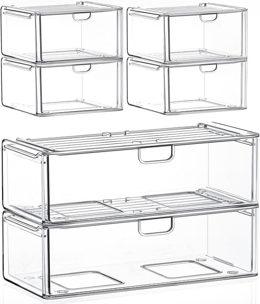 caktraie 6 Pack Small Clear Stackable Acrylic Storage Boxes for Art Tool & Sketch, Stroage Drawers, Makeup Organizer, Plastic Storage Bins For Vanity, Kitchen Cabinets, Pantry, Home Organization