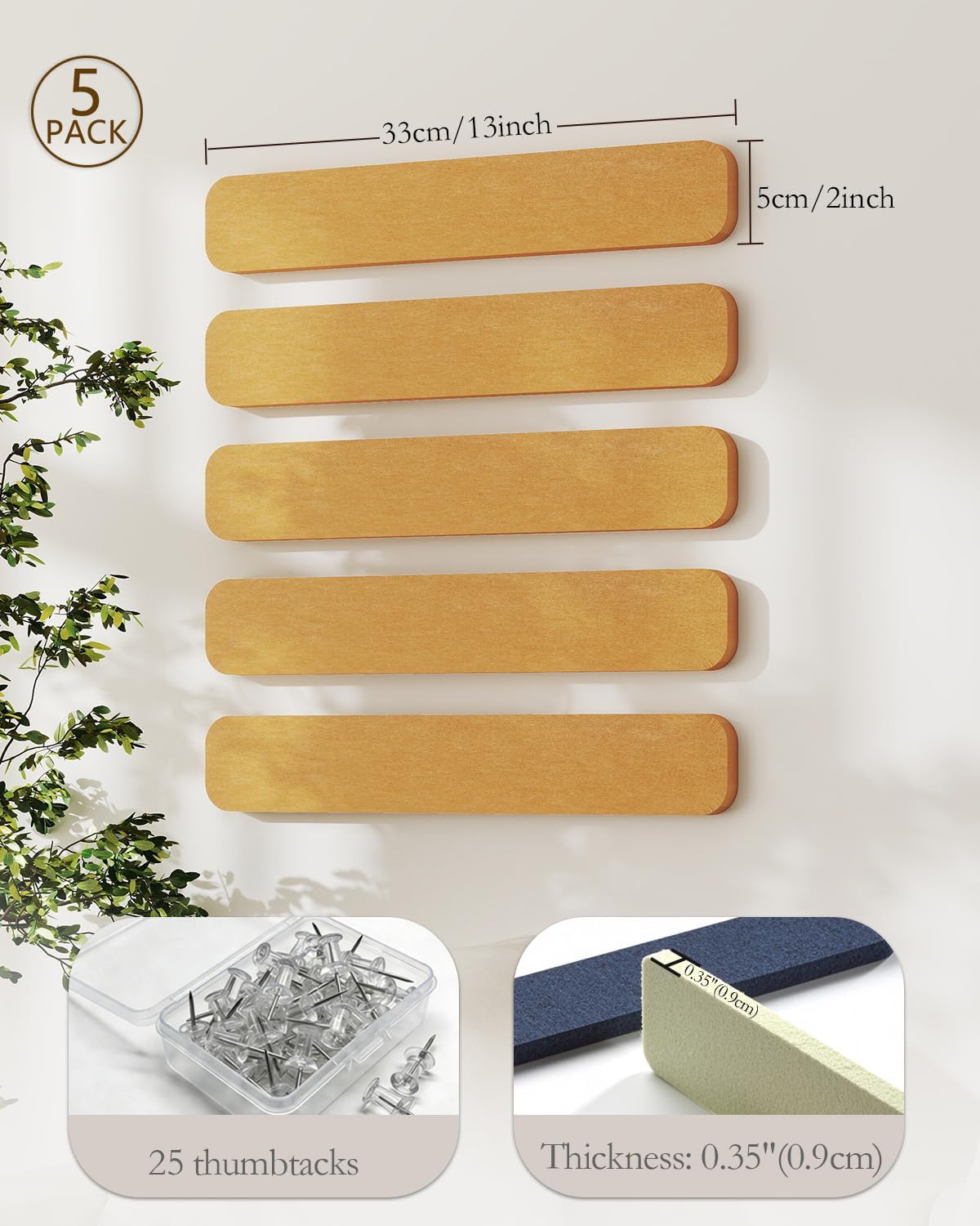 JBER Felt Strip Board 5 Pack 13"x2", Cork Board Alternative Pin Bulletin Board, Self-Adhesive Vision Board with 25 Push Pins for Walls, Office & Home Decor(Light Camel)