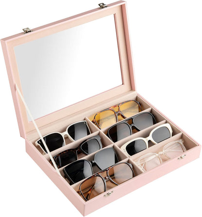 Frebeauty Sunglass Organizer,PU Leather Glasses Organizer,8-Slot Sunglasses Tray,Men's/Women's Sunglasses Box,Sunglass Case,13.3 x 9.6 x 1.5 Inches,Eyeglass/Eyewear Display Tray(Grey)