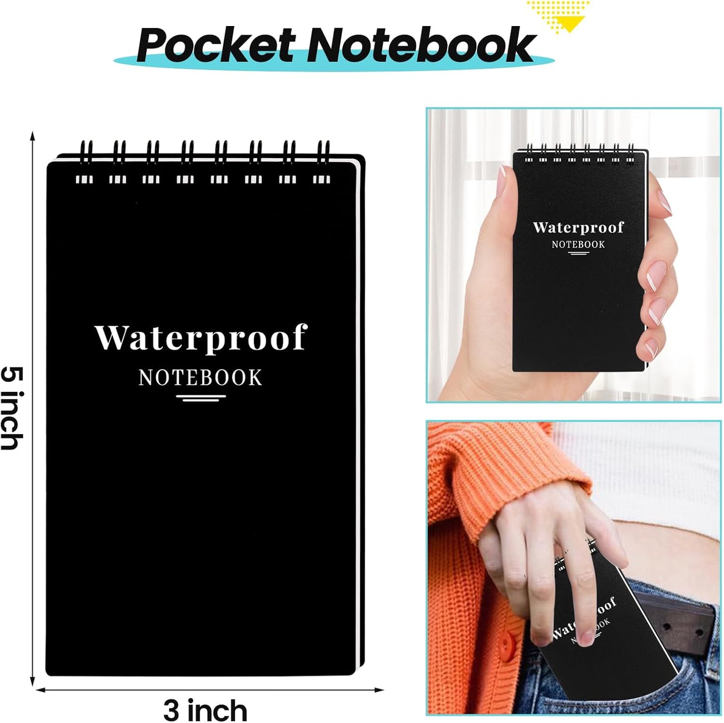 wavamawa 6 Pack Waterproof Pocket Notebooks, 3x5 Small Notepads, Mini Top Spiral Notebook, Lined College Ruled Paper, Tiny Memo Pads for Home, Office, Work, School, or Travel