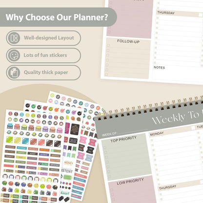 Weekly To Do List Notepad, Undated Planner with 52 Sheets (8.5''x11''), Desk Weekly Planner for Women & Man, Home School & Work