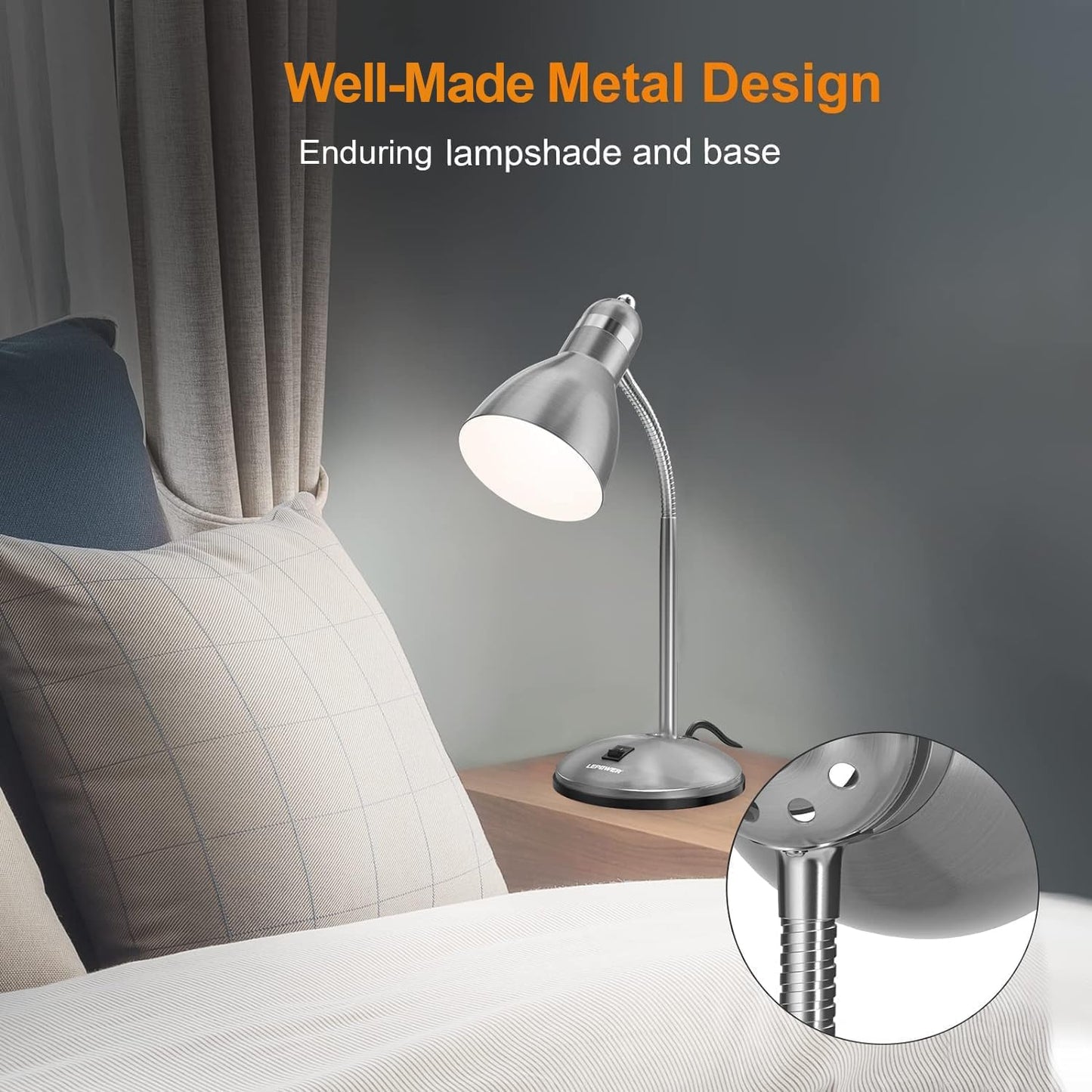 LEPOWER Metal Desk Lamp, Eye-Caring Table Lamp, Study Lamps with Flexible Goose Neck for Bedroom, Home Office (Matte Black)