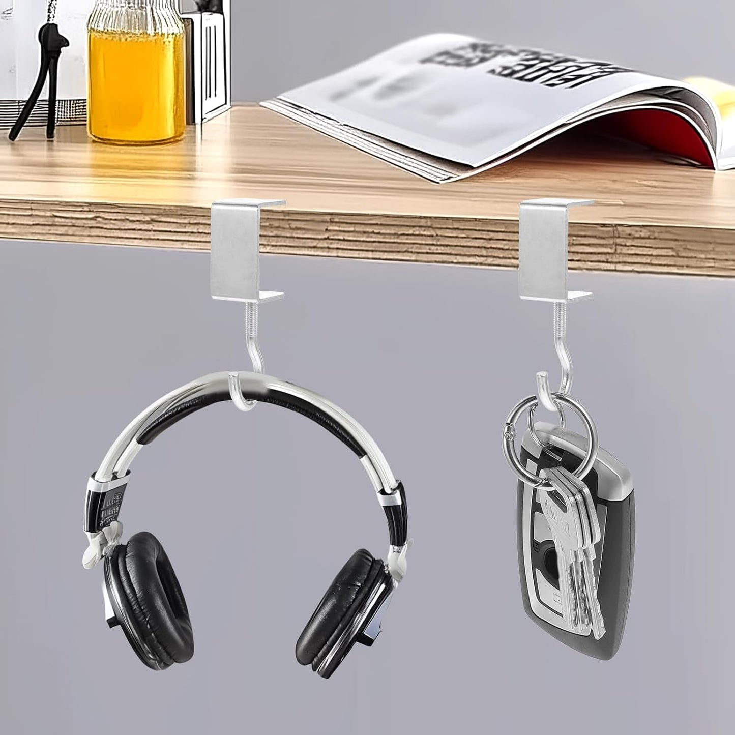 cobee Clamp-On Under Desk Hooks, Desk Mount Hanging Bag Holder Metal Hook Adjustable Headphones Clamp Organizer Portable Purse Hanger Clip Reduce Desk Clutter Table Desk Under Counter (4 Pcs, Black)