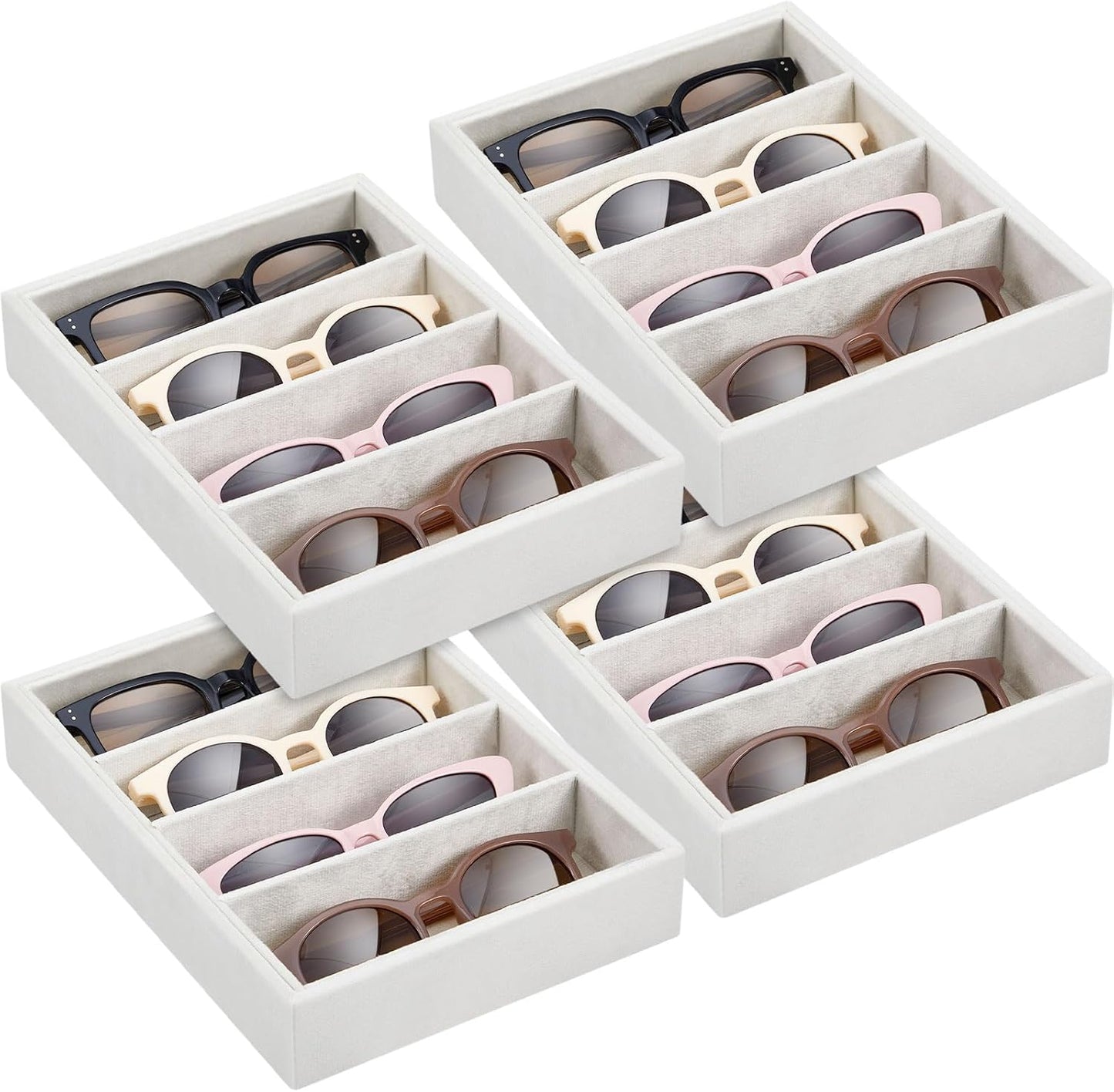 Amylove 4 Pcs Gray Sunglass Organizer Trays 4 Grids Velvet Glasses Holder Jewelry Display Organizer Eyeglasses Storage Box Drawer