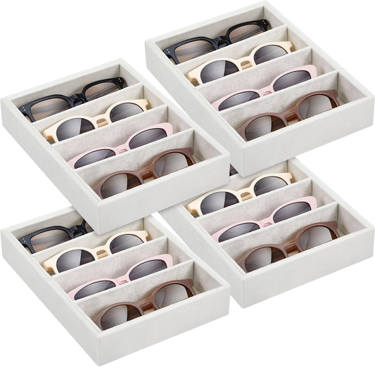 Amylove 4 Pcs Gray Sunglass Organizer Trays 4 Grids Velvet Glasses Holder Jewelry Display Organizer Eyeglasses Storage Box Drawer