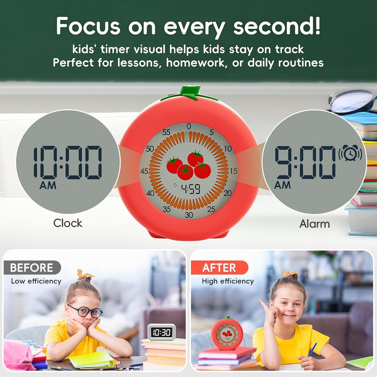 Tomato Visual Timer for Kids, 299 Minute Cute Pomodoro Countdown Timer, Kitchen Cooking Helper Timer with Pause Function, Clock and Alarm, Digital Timer for Classroom, Office and Meetings