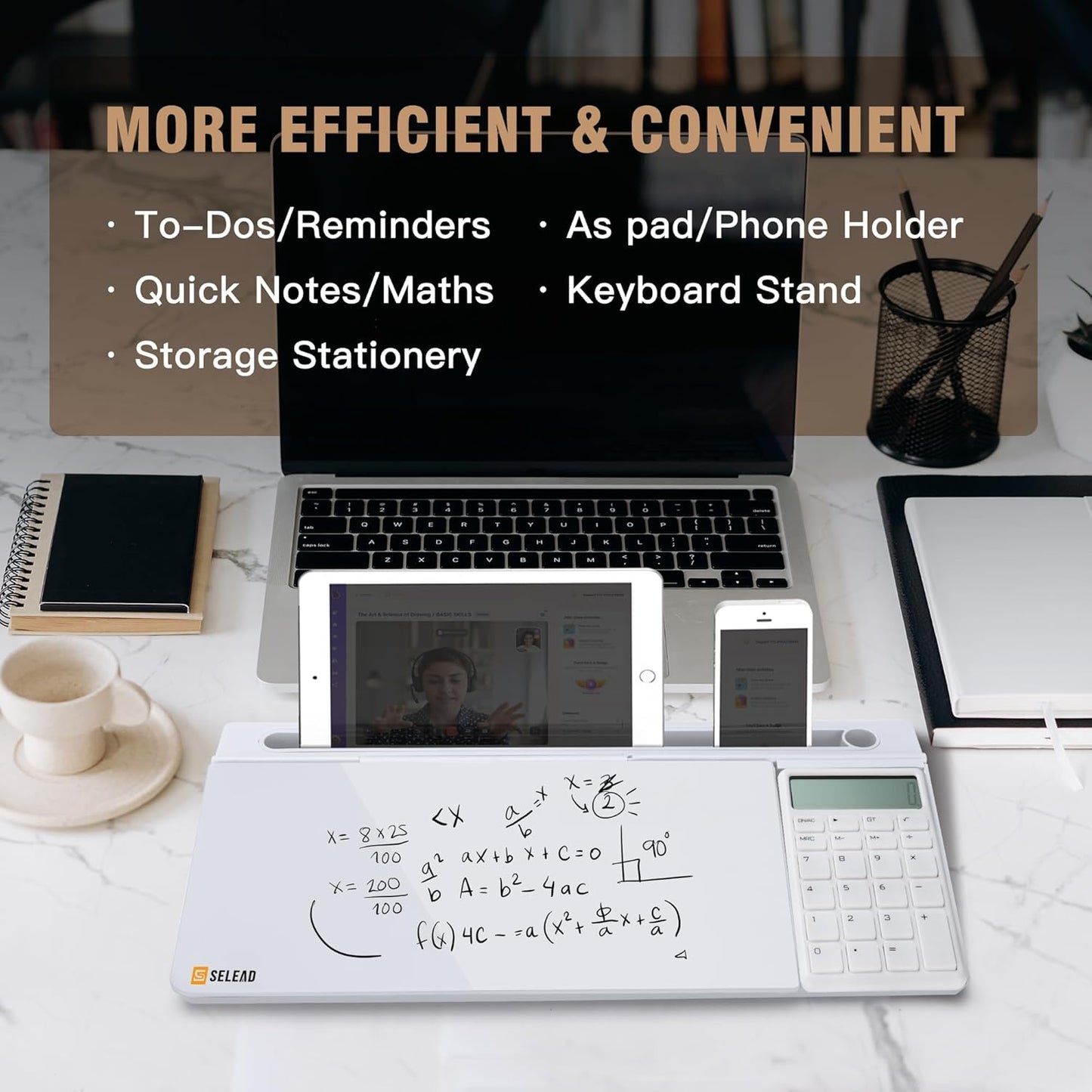 SELEAD Desktop Glass Whiteboard with Wireless Charger Station, Dry Erase Board Computer Pad Keyboard Stand with Organizer for Home, School, Office Desk Accessories, Black