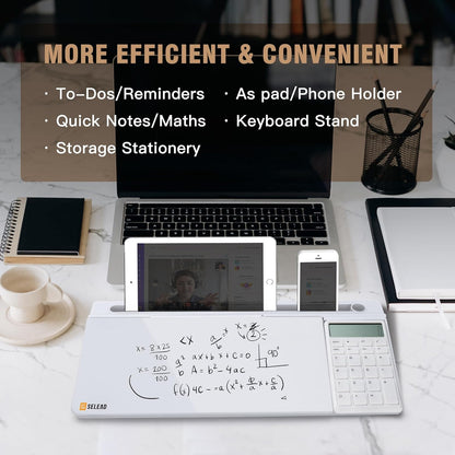 SELEAD Desktop Glass Whiteboard with Wireless Charger Station, Dry Erase Board Computer Pad Keyboard Stand with Organizer for Home, School, Office Desk Accessories, Black
