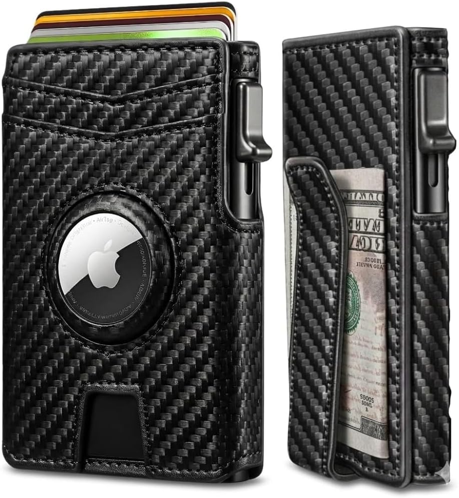 Mens Wallet with AirTag Holder, RFID Blocking, Pop-Up Aluminum Card Holder, ID Window, Money Clip, Fits up to 12 Cards, Slim & Minimalist, Smart, MicroFiber (Black), Gift Box, Billetera para Hombre