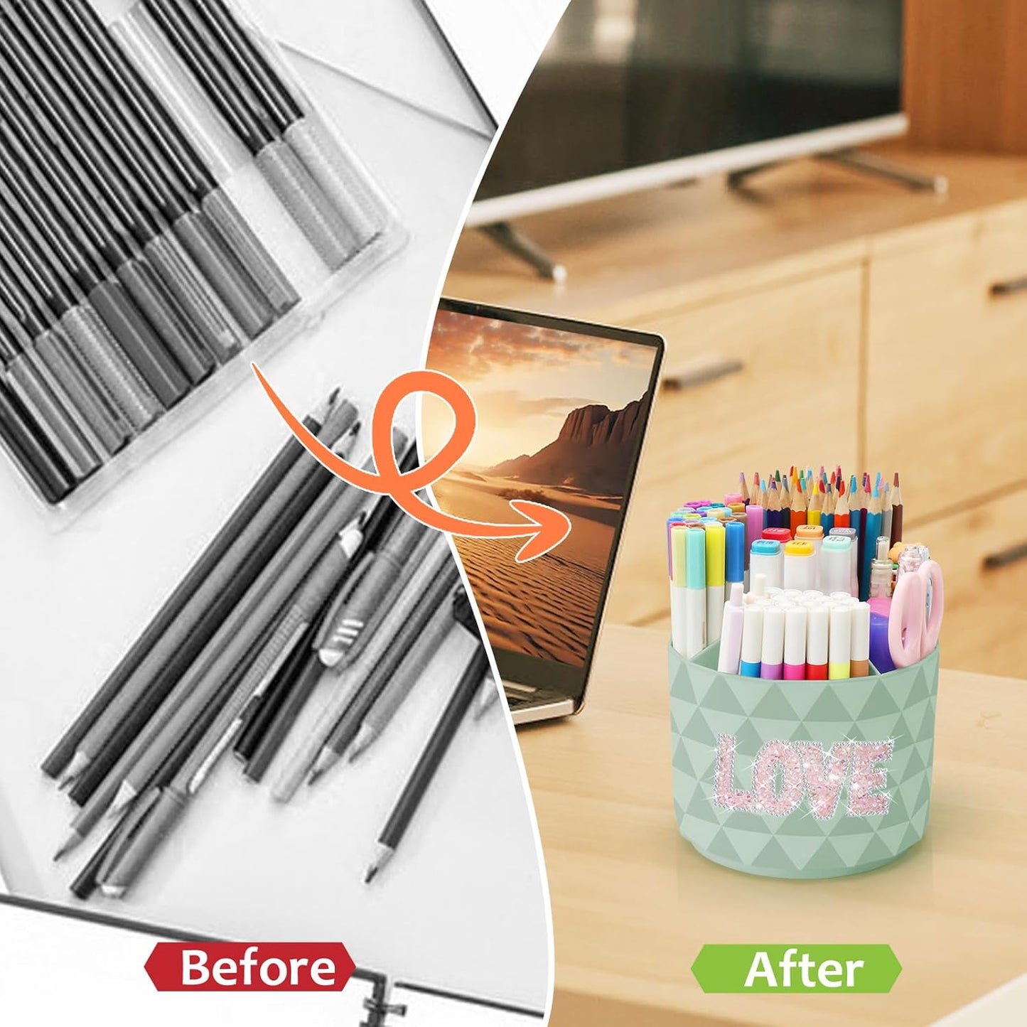 Desk Organizer, 360-Degree Rotating Pencil Pen Holders For Desk, Diamond Pattern Pen Organizer With 5 Compartments, Cute Desk Accessories Decor For Office, School,Home,Art Supply (White)