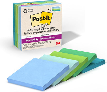 Post-it 100% Recycled Paper Super Sticky Notes, 3 in. x 3 in., 5 Pads, 70 Sheets per Pad, Wanderlust Pastels, School Supplies and Office Products