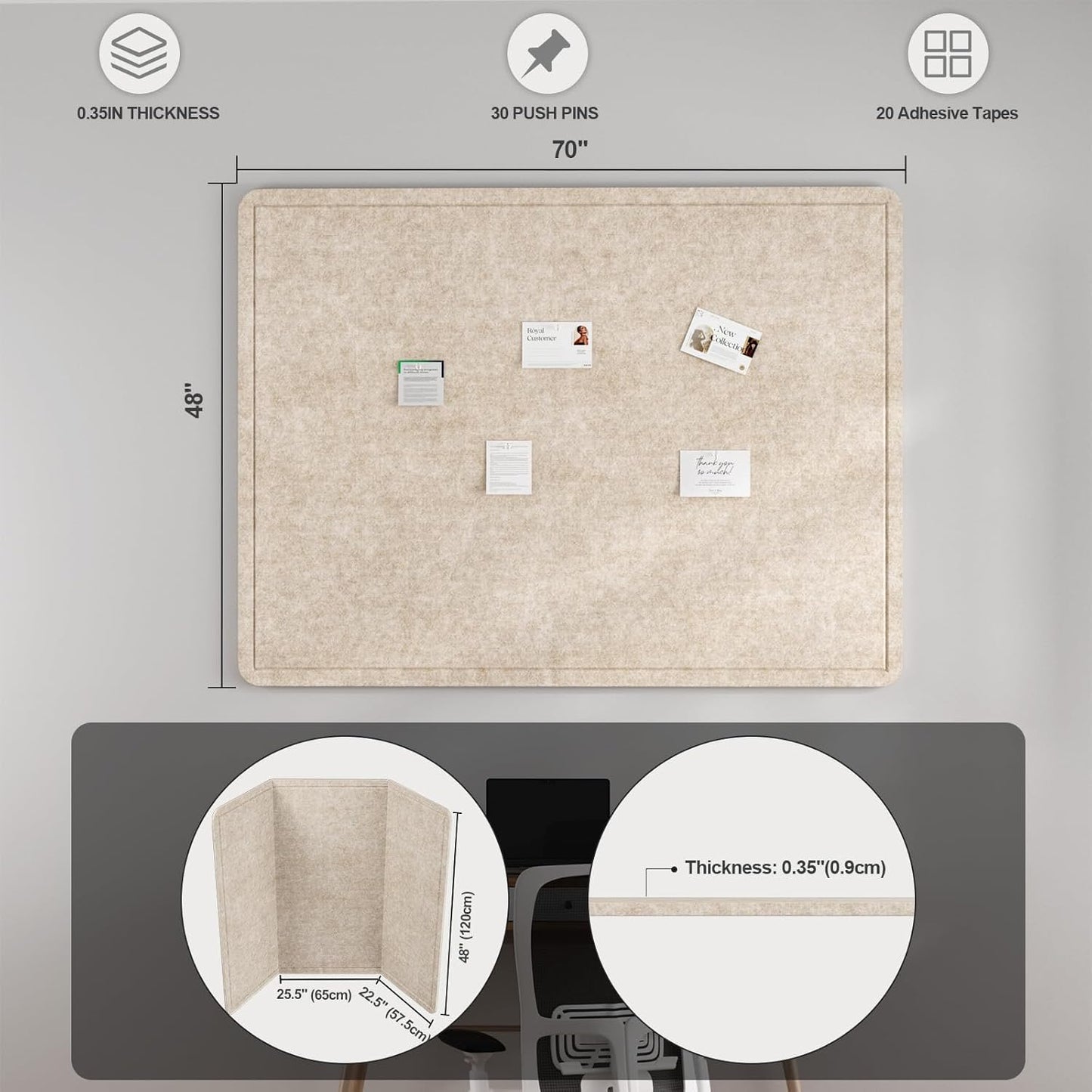 Large Felt Bulletin Board for Wall, 24"x18" Frameless Picture Board, Soft Felt Cork Board for Office, Home Planning & Office Wall Decor, Easy Install Pin Board