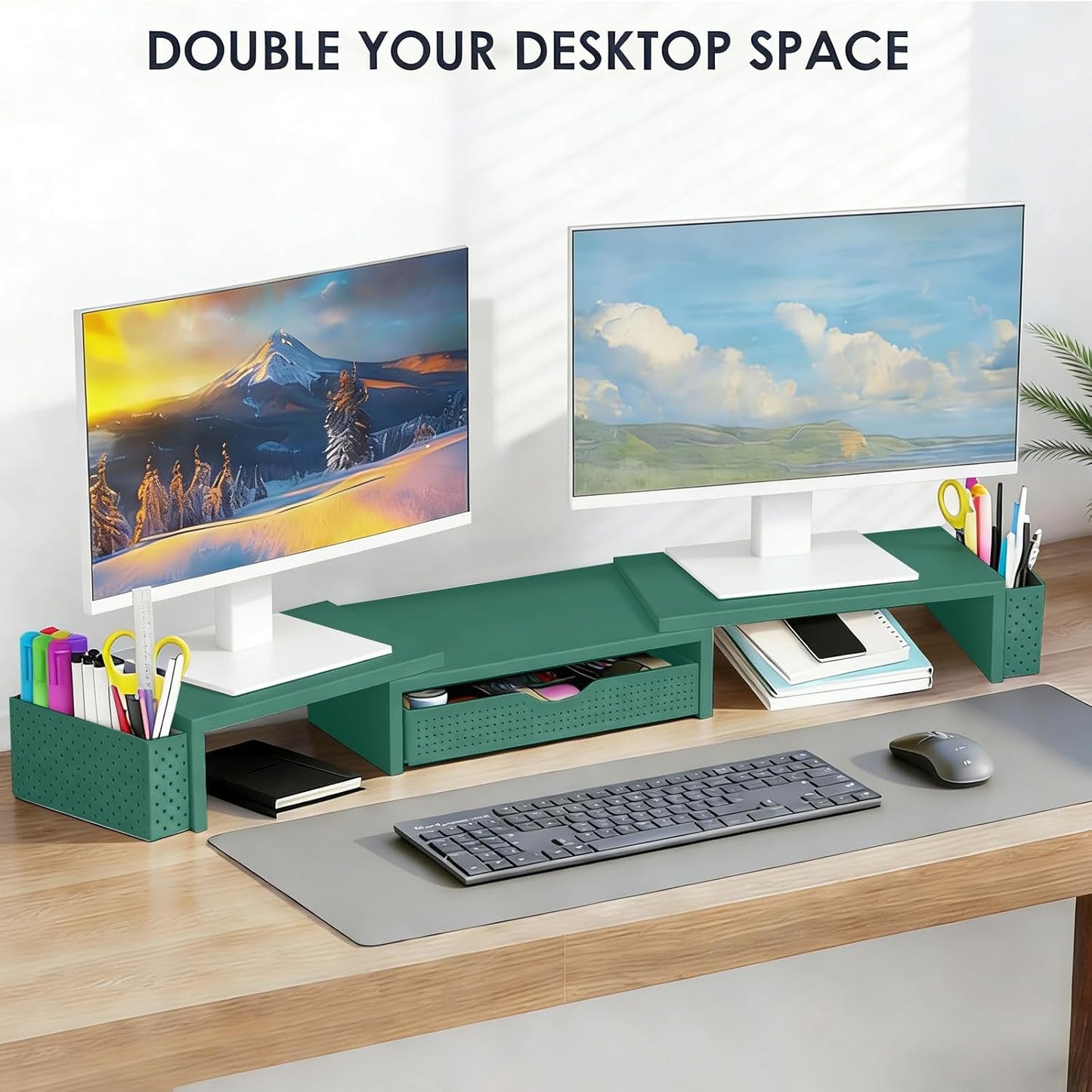 Spacrea Metal Desk Organizers and Accessories, Dual Monitor Stand Riser with Drawer and 2 Pen Holders, Desk Accessories & Workspace Desktop Organizers for Office Supplies (Wood)