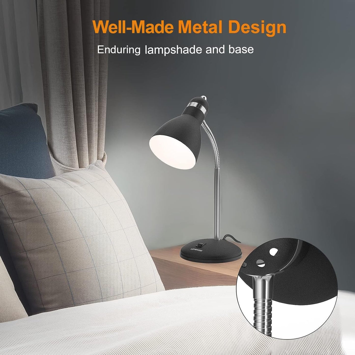 LEPOWER Metal Desk Lamp, Eye-Caring Table Lamp, Study Lamps with Flexible Goose Neck for Bedroom, Home Office (Matte Black)