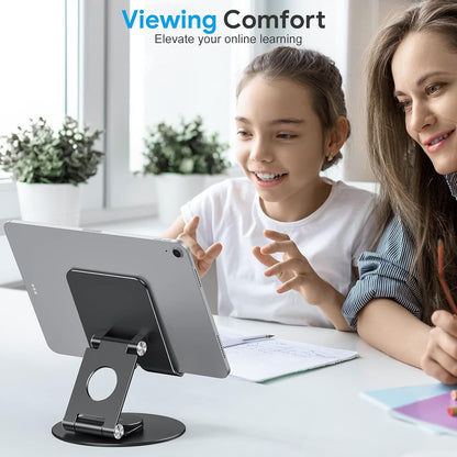 OMOTON T6 Swivel Tablet Stand for iPad with 360 Rotating Base, Foldable Adjustable Holder for Drawing, Compatible with iPad Pro/Air/Mini and More, Silver