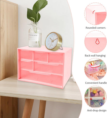 Mini Desk Drawer Organizer with 6 Clear Drawers - 7" x 3.9" x 4.7" Small Plastic Storage Box for Office, Classroom, Crafts, and Home Desktop Organization