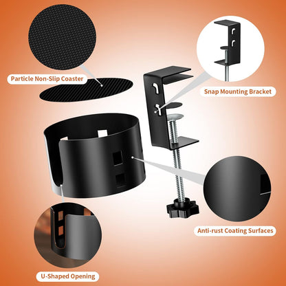Deeper Desk Cup Holder, OOKUU Anti-Spill Cup Holder for Desk or Table, Sturdy and Durable, Easy to Install, Enough to Hold Coffee Cups, Water Bottles, Gaming PC Office Accessories, Black