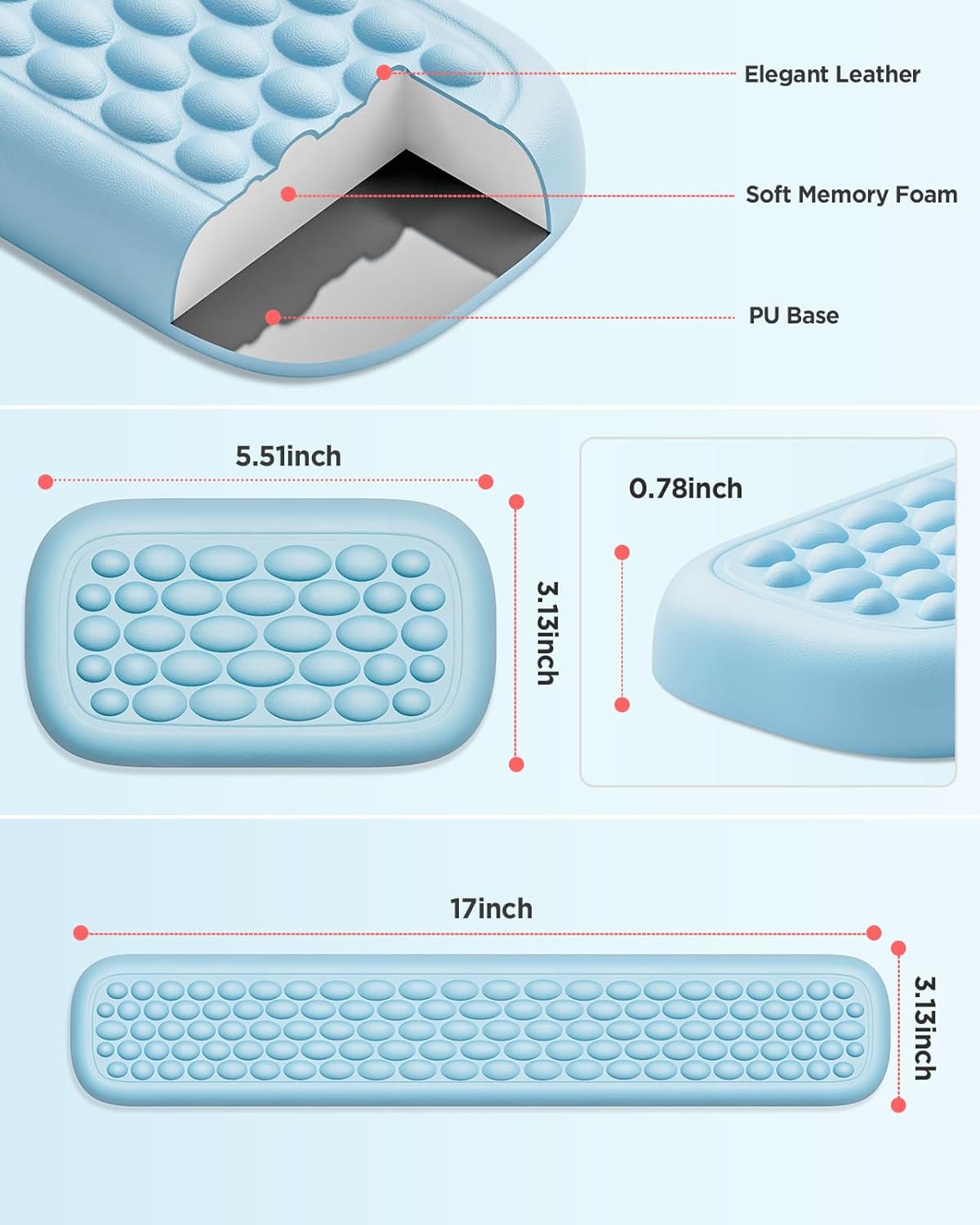 Lekvey Ergonomic Wrist Rest for Computer Keyboard - Memory Foam with Massage Points & Waterproof PU Leather Wrist Pad, Carpal Tunnel Support for Office/Gaming, Typing Pain Relief, Easy-Clean（Blue）