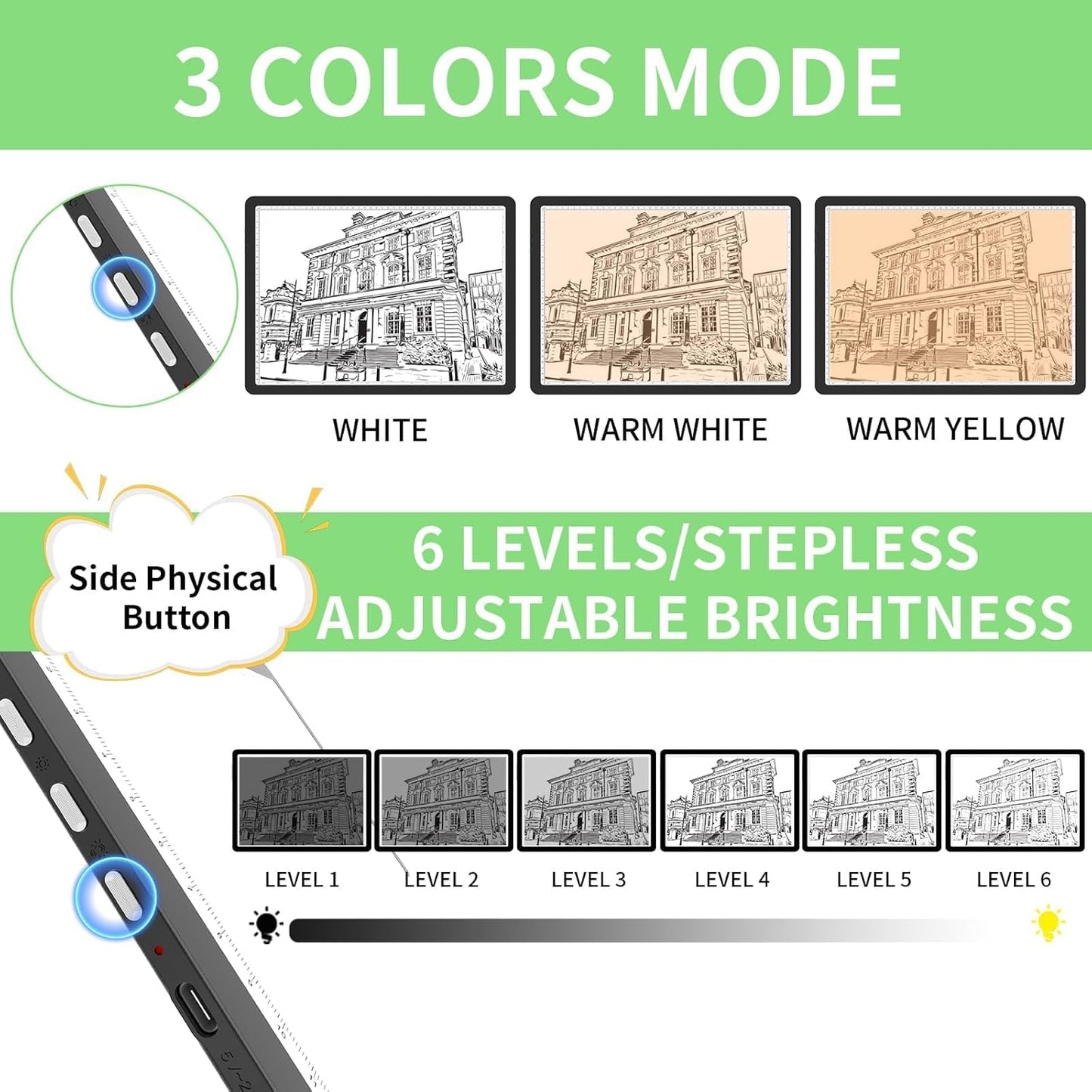 KOBAIBAN A3 Magnetic Light Pad with Bag, Rechargeable Diamond Art Light Board with Side Physical Buttons, 3 Color Light Modes Super Bright Light Table Light Box for Tracing, Drawing, Sketching (White)