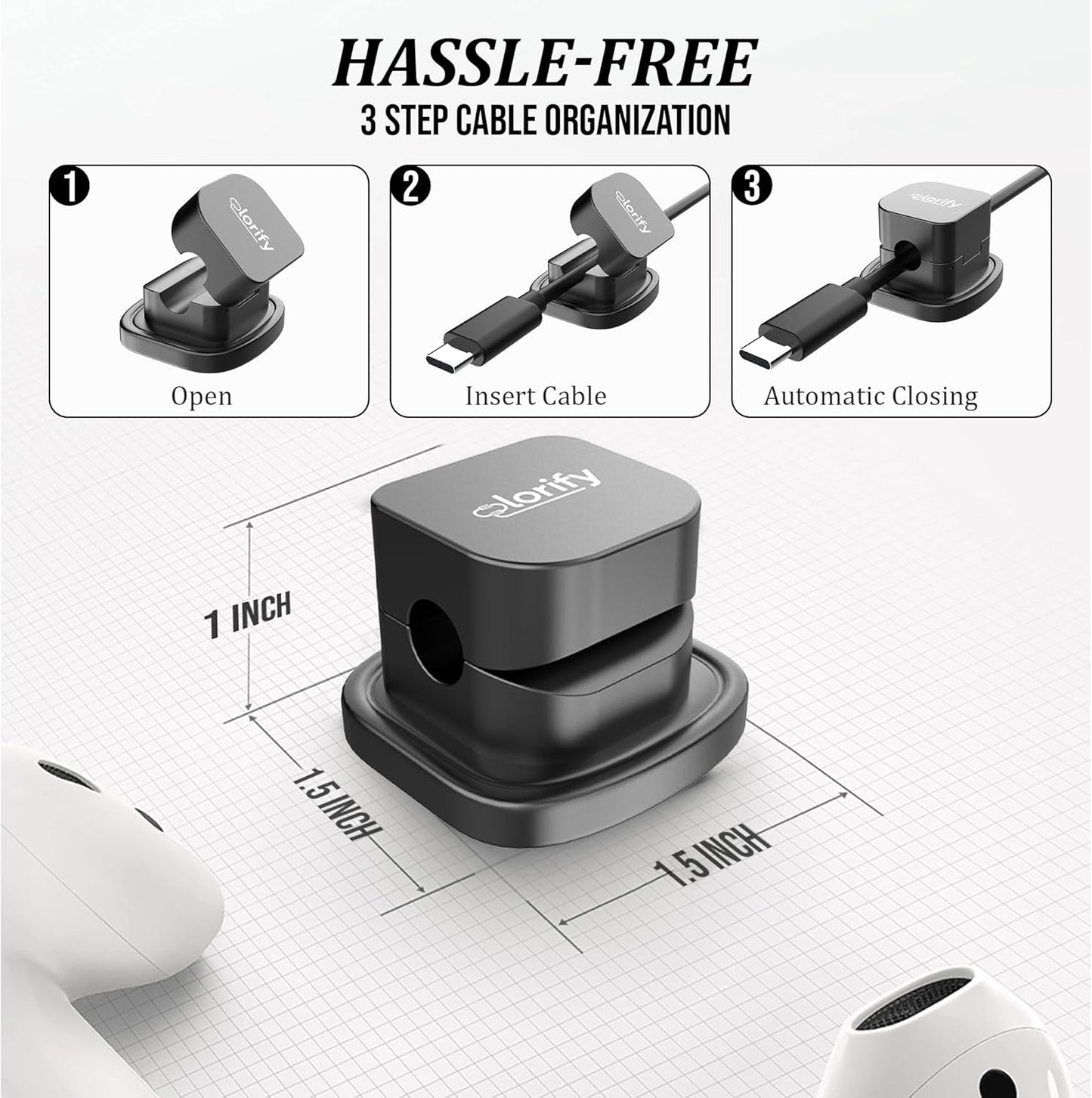 8 Pack Spring Cord Holder Clips [360° Rotatable, 1-Hand Use] — Adhesive Cable Clips for Nightstand, Desk, Wall & Kitchen | Phone Charger Cord Holder | No-Residue | Fits 2.5–8mm Cables